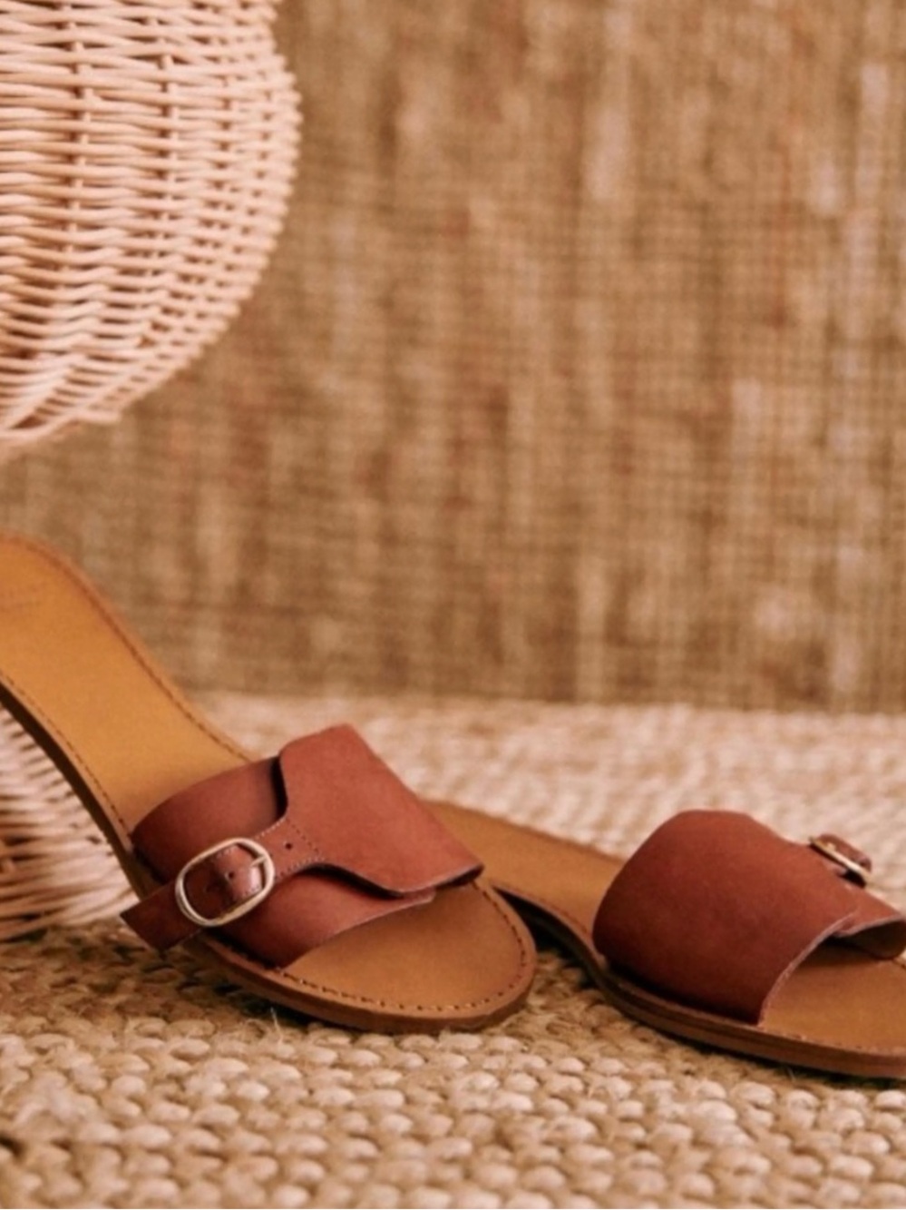 Sezane Héloise Cognac Brown Leather Low Mules with Buckle